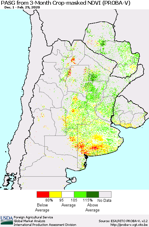 Southern South America PASG from 3-Month Crop-masked NDVI (PROBA-V) Thematic Map For 2/21/2020 - 2/29/2020