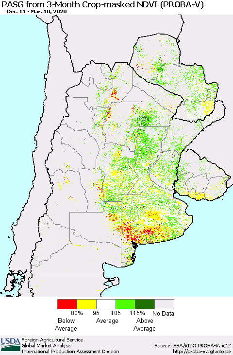 Southern South America PASG from 3-Month Crop-masked NDVI (PROBA-V) Thematic Map For 3/1/2020 - 3/10/2020