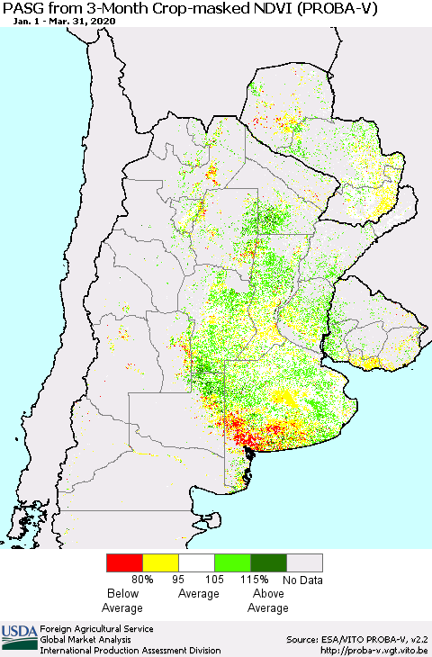 Southern South America PASG from 3-Month Crop-masked NDVI (PROBA-V) Thematic Map For 3/21/2020 - 3/31/2020