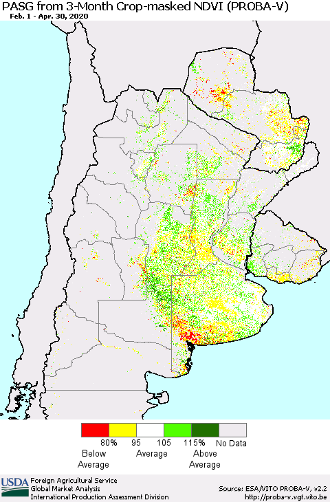 Southern South America PASG from 3-Month Crop-masked NDVI (PROBA-V) Thematic Map For 4/21/2020 - 4/30/2020