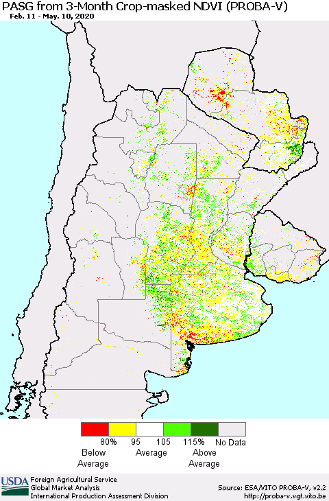 Southern South America PASG from 3-Month Crop-masked NDVI (PROBA-V) Thematic Map For 5/1/2020 - 5/10/2020