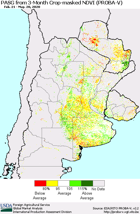 Southern South America PASG from 3-Month Crop-masked NDVI (PROBA-V) Thematic Map For 5/11/2020 - 5/20/2020