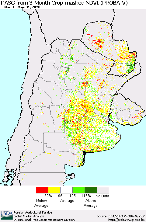 Southern South America PASG from 3-Month Crop-masked NDVI (PROBA-V) Thematic Map For 5/21/2020 - 5/31/2020