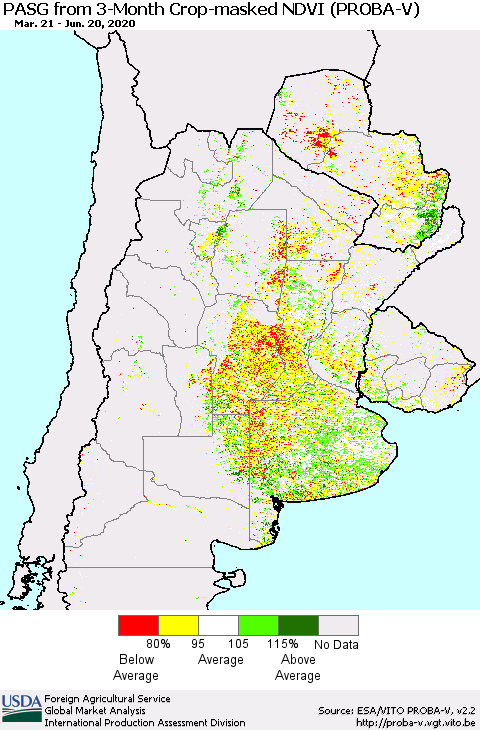 Southern South America PASG from 3-Month Crop-masked NDVI (PROBA-V) Thematic Map For 6/11/2020 - 6/20/2020