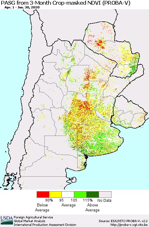 Southern South America PASG from 3-Month Crop-masked NDVI (PROBA-V) Thematic Map For 6/21/2020 - 6/30/2020