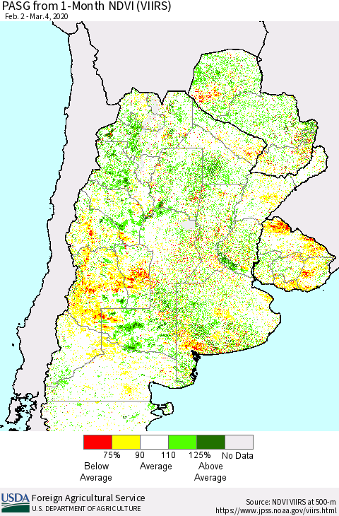 Southern South America PASG from 1-Month NDVI (VIIRS) Thematic Map For 3/1/2020 - 3/10/2020