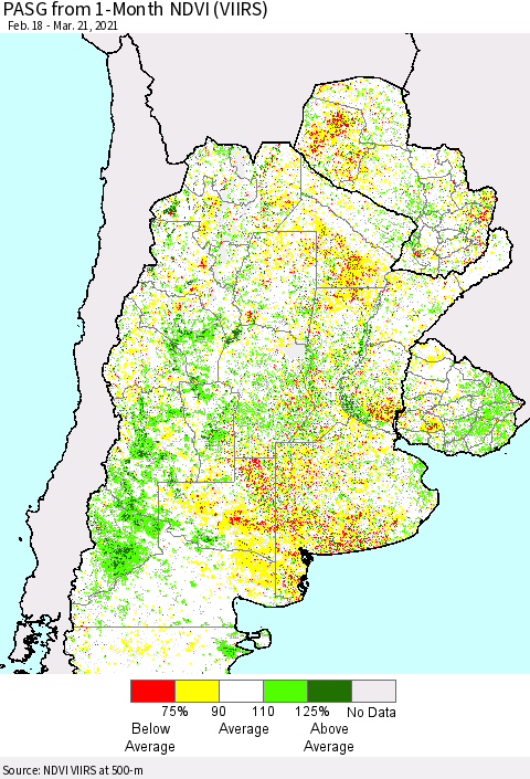 Southern South America PASG from 1-Month NDVI (VIIRS) Thematic Map For 3/14/2021 - 3/21/2021
