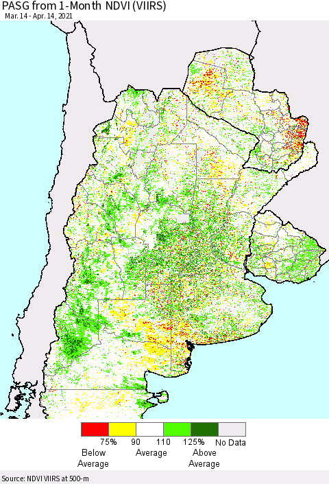 Southern South America PASG from 1-Month NDVI (VIIRS) Thematic Map For 4/7/2021 - 4/14/2021