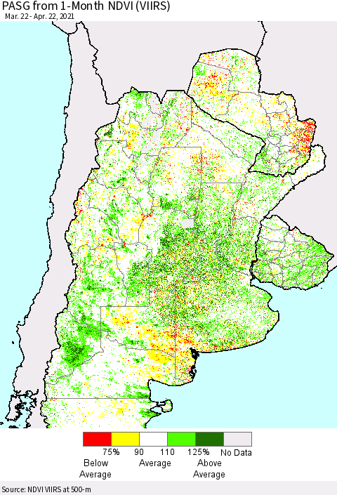 Southern South America PASG from 1-Month NDVI (VIIRS) Thematic Map For 4/15/2021 - 4/22/2021