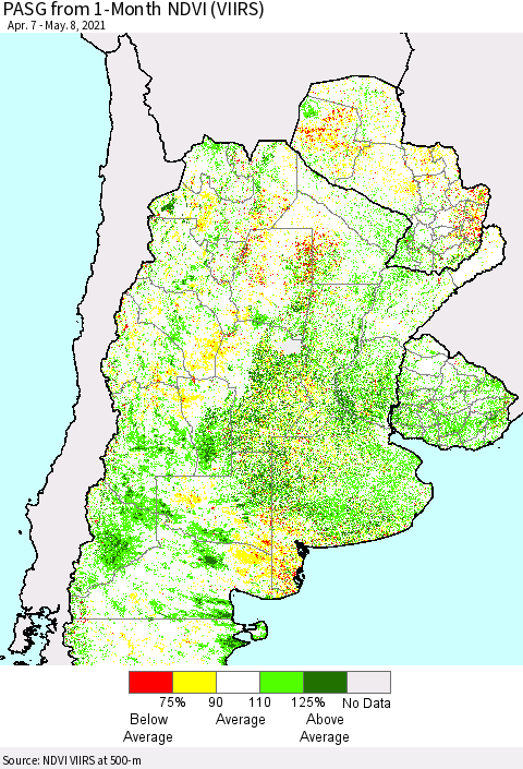 Southern South America PASG from 1-Month NDVI (VIIRS) Thematic Map For 5/1/2021 - 5/8/2021