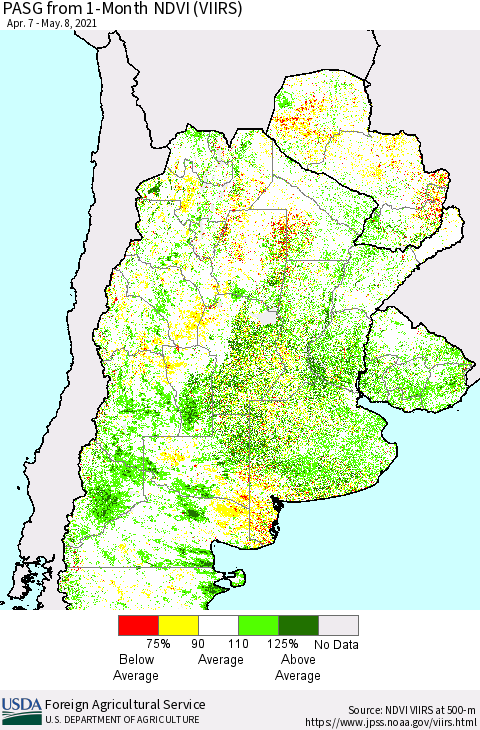 Southern South America PASG from 1-Month NDVI (VIIRS) Thematic Map For 5/1/2021 - 5/10/2021