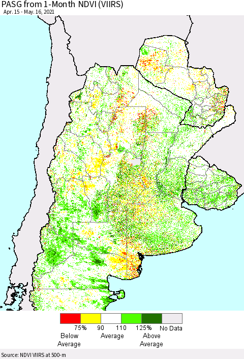 Southern South America PASG from 1-Month NDVI (VIIRS) Thematic Map For 5/9/2021 - 5/16/2021