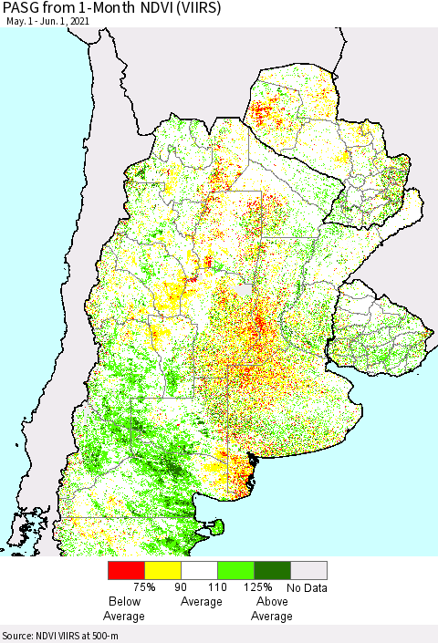 Southern South America PASG from 1-Month NDVI (VIIRS) Thematic Map For 5/25/2021 - 6/1/2021