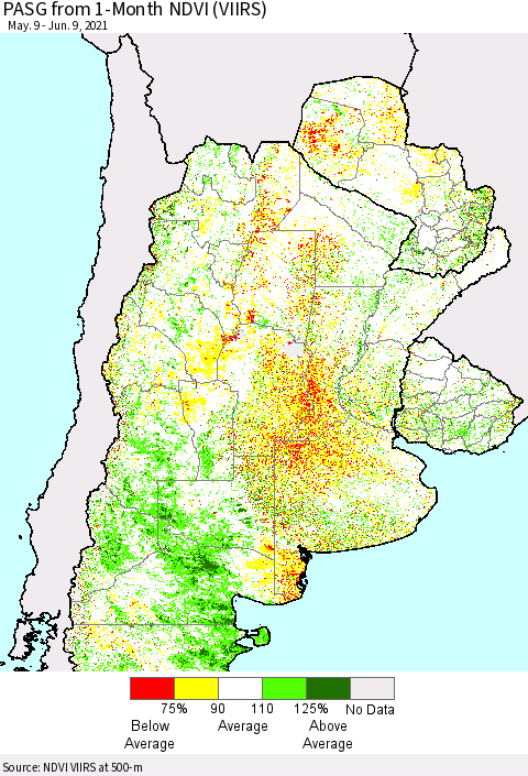 Southern South America PASG from 1-Month NDVI (VIIRS) Thematic Map For 6/2/2021 - 6/9/2021