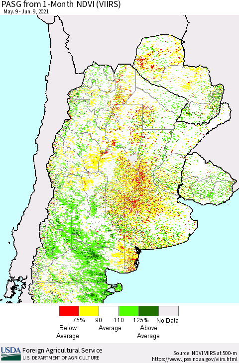 Southern South America PASG from 1-Month NDVI (VIIRS) Thematic Map For 6/1/2021 - 6/10/2021