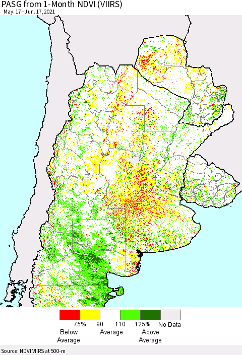 Southern South America PASG from 1-Month NDVI (VIIRS) Thematic Map For 6/10/2021 - 6/17/2021