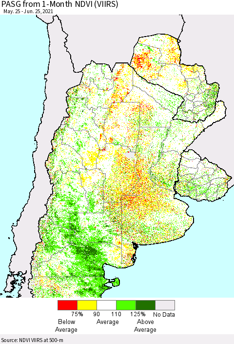 Southern South America PASG from 1-Month NDVI (VIIRS) Thematic Map For 6/18/2021 - 6/25/2021
