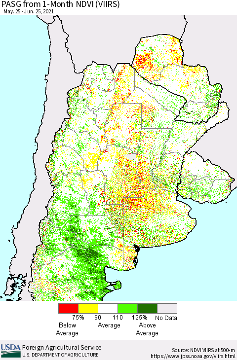 Southern South America PASG from 1-Month NDVI (VIIRS) Thematic Map For 6/21/2021 - 6/30/2021