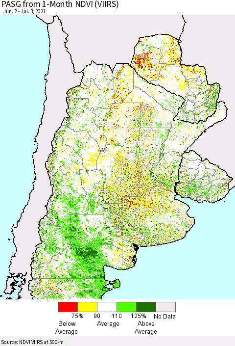 Southern South America PASG from 1-Month NDVI (VIIRS) Thematic Map For 6/26/2021 - 7/3/2021