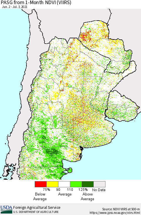 Southern South America PASG from 1-Month NDVI (VIIRS) Thematic Map For 7/1/2021 - 7/10/2021