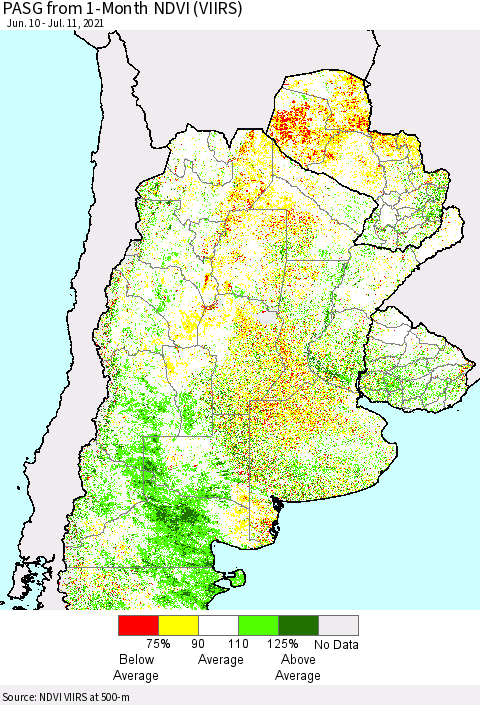 Southern South America PASG from 1-Month NDVI (VIIRS) Thematic Map For 7/4/2021 - 7/11/2021
