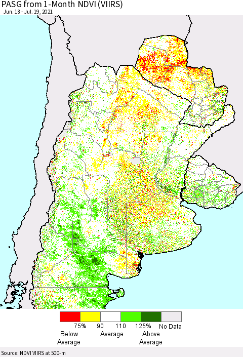 Southern South America PASG from 1-Month NDVI (VIIRS) Thematic Map For 7/12/2021 - 7/19/2021