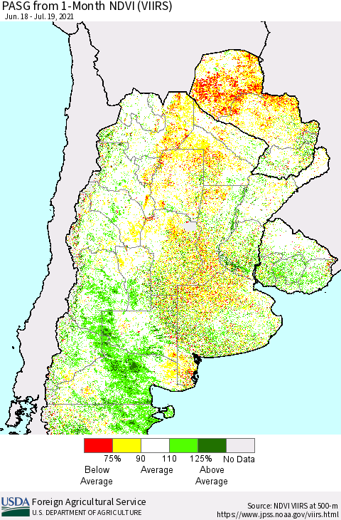 Southern South America PASG from 1-Month NDVI (VIIRS) Thematic Map For 7/11/2021 - 7/20/2021