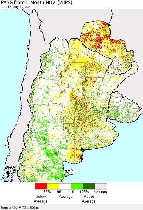 Southern South America PASG from 1-Month NDVI (VIIRS) Thematic Map For 8/5/2021 - 8/12/2021
