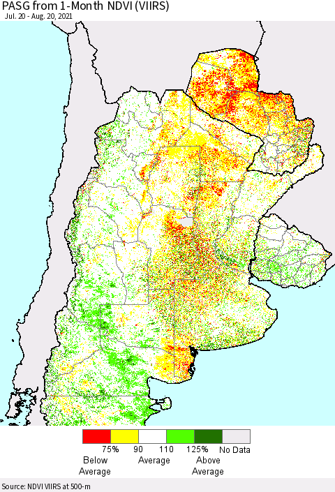 Southern South America PASG from 1-Month NDVI (VIIRS) Thematic Map For 8/13/2021 - 8/20/2021