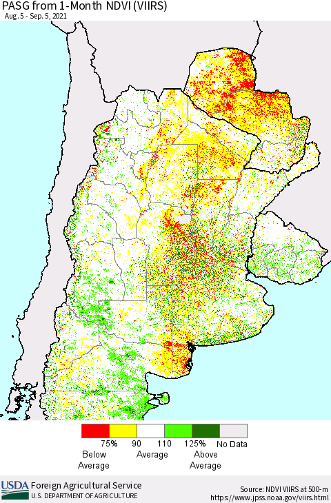Southern South America PASG from 1-Month NDVI (VIIRS) Thematic Map For 9/1/2021 - 9/10/2021