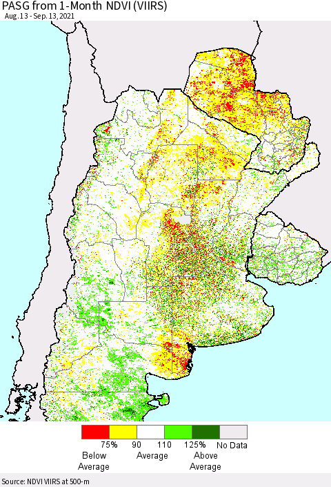 Southern South America PASG from 1-Month NDVI (VIIRS) Thematic Map For 9/6/2021 - 9/13/2021
