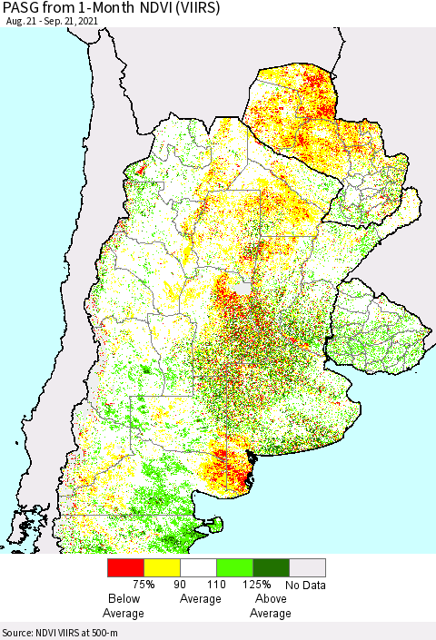 Southern South America PASG from 1-Month NDVI (VIIRS) Thematic Map For 9/14/2021 - 9/21/2021