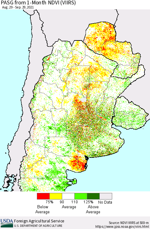 Southern South America PASG from 1-Month NDVI (VIIRS) Thematic Map For 9/21/2021 - 9/30/2021