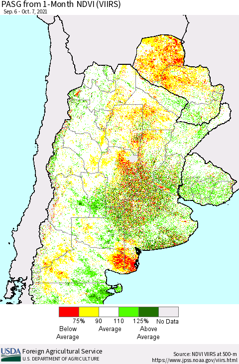Southern South America PASG from 1-Month NDVI (VIIRS) Thematic Map For 10/1/2021 - 10/10/2021