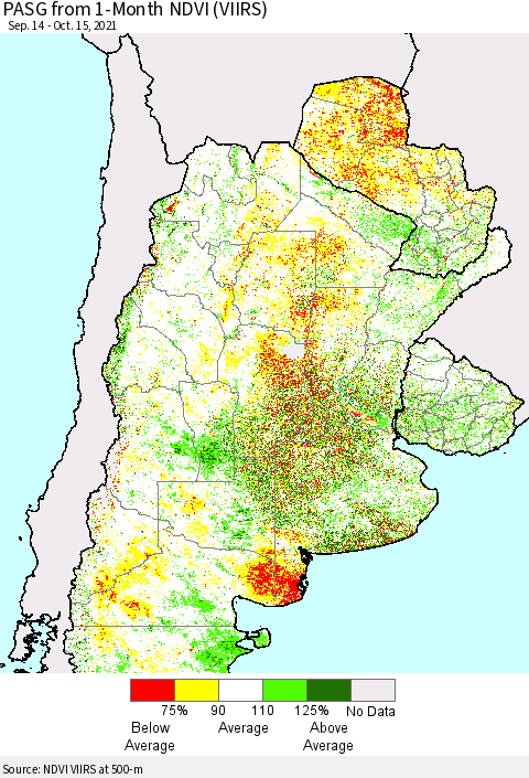 Southern South America PASG from 1-Month NDVI (VIIRS) Thematic Map For 10/8/2021 - 10/15/2021