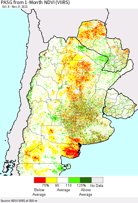 Southern South America PASG from 1-Month NDVI (VIIRS) Thematic Map For 11/1/2021 - 11/8/2021