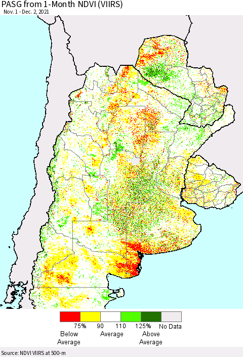 Southern South America PASG from 1-Month NDVI (VIIRS) Thematic Map For 11/25/2021 - 12/2/2021