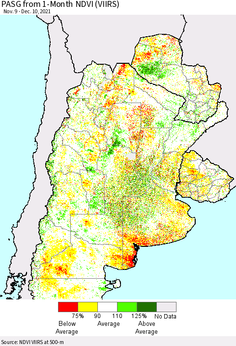 Southern South America PASG from 1-Month NDVI (VIIRS) Thematic Map For 12/1/2021 - 12/10/2021