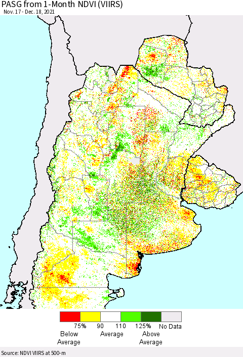 Southern South America PASG from 1-Month NDVI (VIIRS) Thematic Map For 12/11/2021 - 12/18/2021