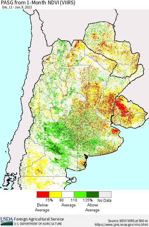 Southern South America PASG from 1-Month NDVI (VIIRS) Thematic Map For 1/1/2022 - 1/10/2022