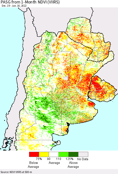 Southern South America PASG from 1-Month NDVI (VIIRS) Thematic Map For 1/9/2022 - 1/16/2022