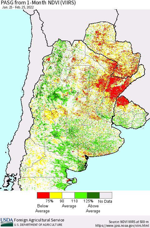Southern South America PASG from 1-Month NDVI (VIIRS) Thematic Map For 2/21/2022 - 2/28/2022