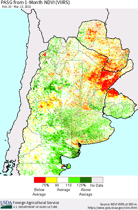 Southern South America PASG from 1-Month NDVI (VIIRS) Thematic Map For 3/11/2022 - 3/20/2022