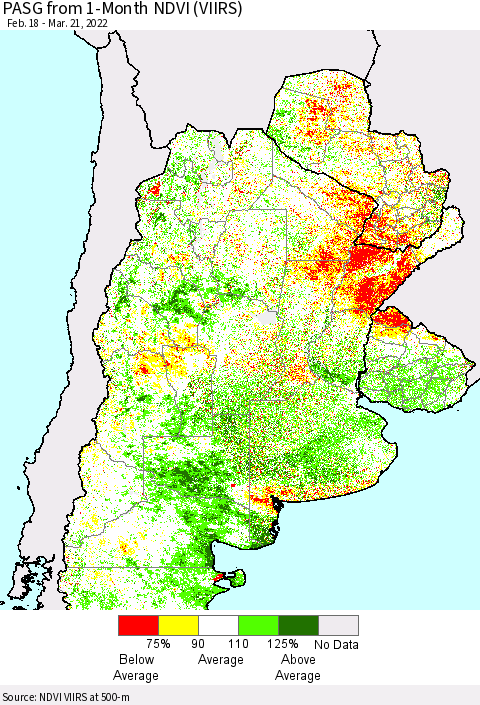 Southern South America PASG from 1-Month NDVI (VIIRS) Thematic Map For 3/14/2022 - 3/21/2022