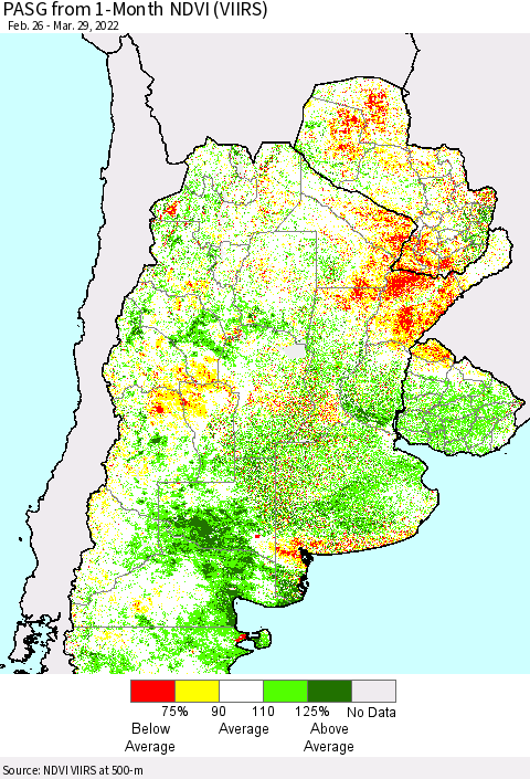 Southern South America PASG from 1-Month NDVI (VIIRS) Thematic Map For 3/22/2022 - 3/29/2022