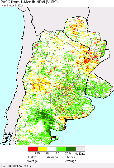 Southern South America PASG from 1-Month NDVI (VIIRS) Thematic Map For 3/30/2022 - 4/6/2022