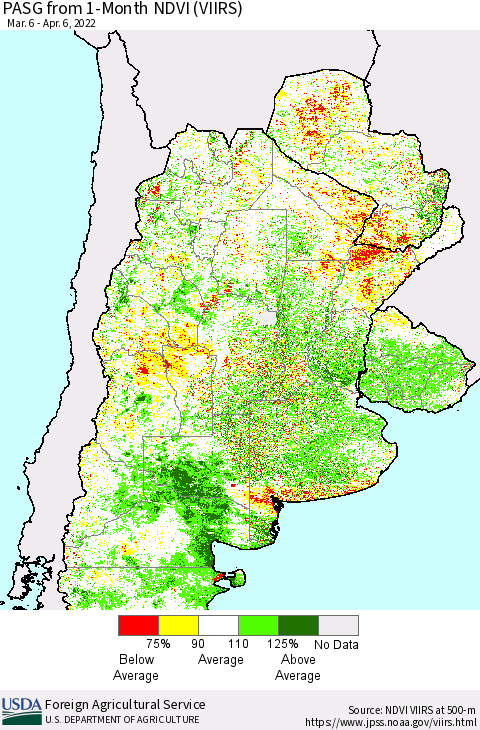 Southern South America PASG from 1-Month NDVI (VIIRS) Thematic Map For 4/1/2022 - 4/10/2022