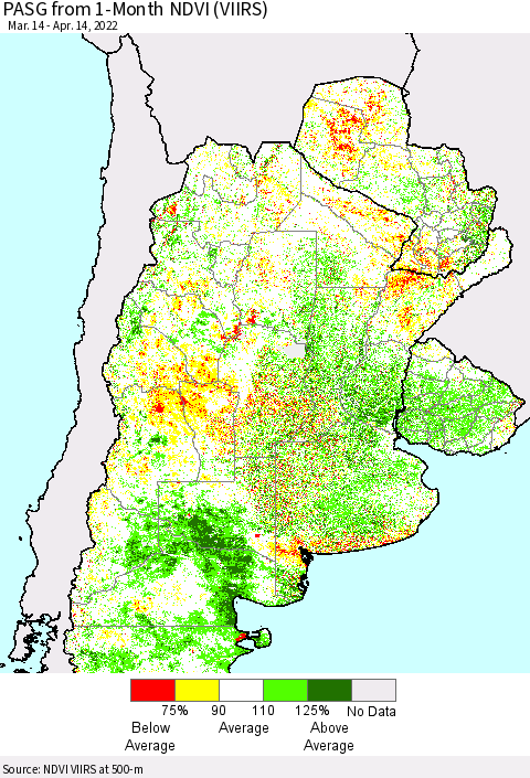 Southern South America PASG from 1-Month NDVI (VIIRS) Thematic Map For 4/7/2022 - 4/14/2022