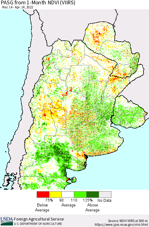 Southern South America PASG from 1-Month NDVI (VIIRS) Thematic Map For 4/11/2022 - 4/20/2022