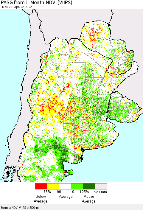Southern South America PASG from 1-Month NDVI (VIIRS) Thematic Map For 4/15/2022 - 4/22/2022